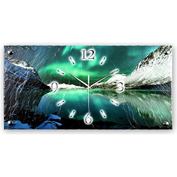 Kreative Feder Polarlicht Natur-Landschaft Berge Luxus Designer Wanduhr Funkuhr aus Schiefer Made in Germany leise ohne Ticken 50cm x 25cm WS312FL (leises Funkuhrwerk) in Schiefer-Optik – Bild 2