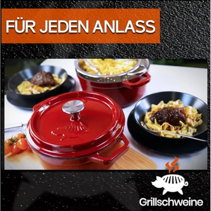 Grillschweine Dutch Oven Emailliert, 3,8L Feuertopf in Rot mit Picots für perfektes Garen, leicht zu reinigen und für alle Wärmequellen geeignet – Bild 2