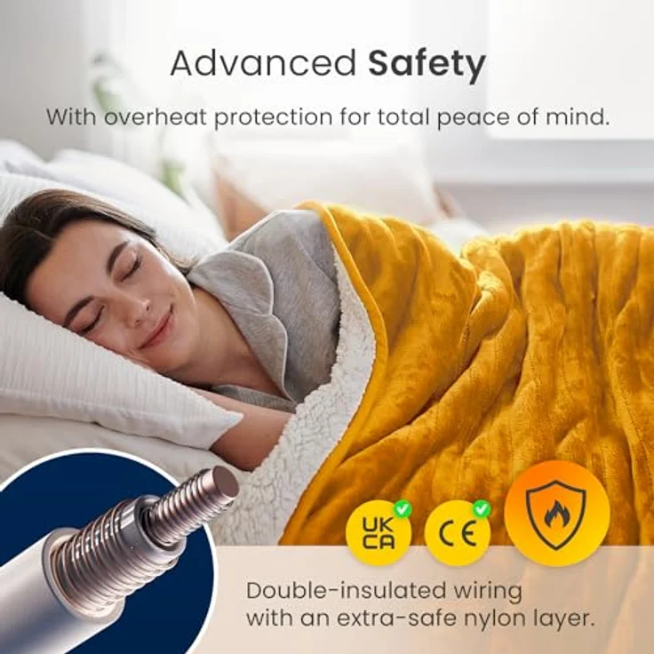 Cosi Home Heizdecke 180x130 cm - Elektrische Wärmedecke mit Abschaltautomatik, Überhitzungsschutz, Waschbar, Kuscheliges Sherpa & Fleece, 10 Heizstufen mit digitaler Fernbedienung - Senfgelb – Bild 5