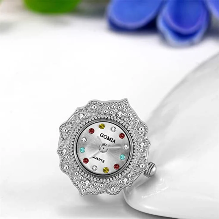 JewelryWe Ringuhr, Damen Analog Quarz Uhr im Retro-Design mit bunten Strasssteinen, verstellbarer Edelstahl-Ring, rundes Zifferblatt in Silber – Bild 4