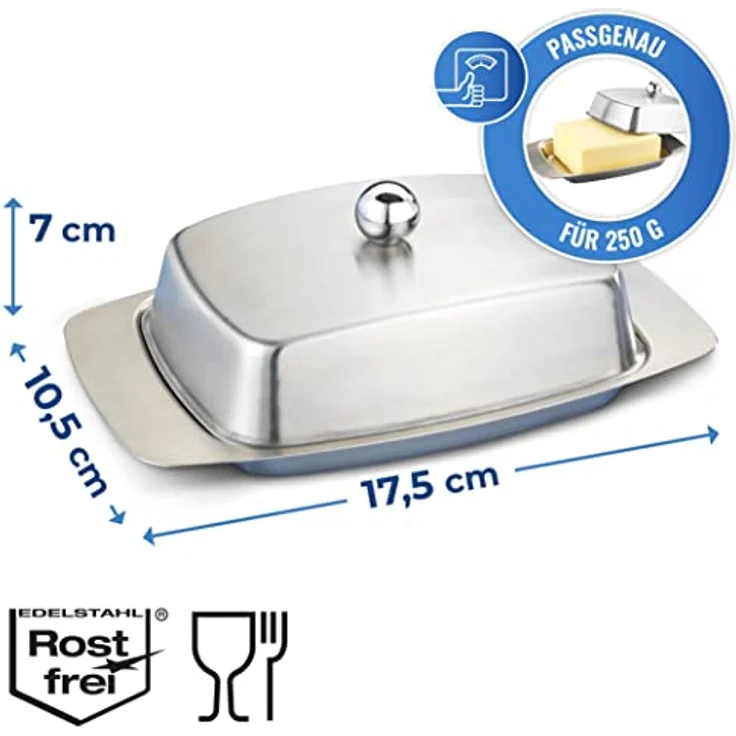 Maximex Edelstahl Butterdose für 250g Butter, Hygienische Butterbehälter mit Wärme- & Kälteisolation, Geschmacks- & Geruchsneutrale Butter-Dose, Spülmaschinengeeignet, 17,5x7x10,5 cm – Bild 4