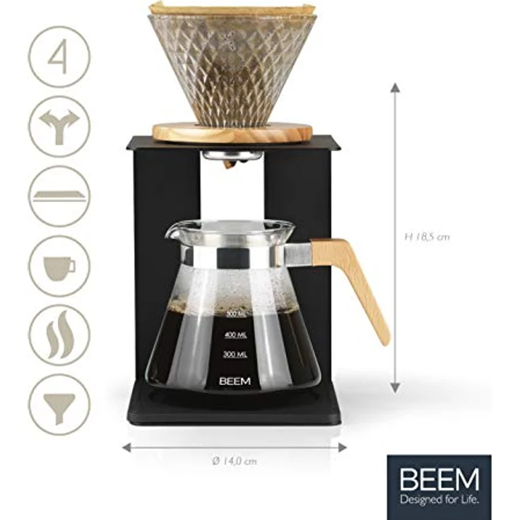 BEEM Pour Over Kaffeebereiter Set - 4 Tassen, Classic Selection, 4-teilig, Glas-Handfilter in Diamantoptik, Größe 2, 0,5 l Glaskanne inkl. Deckel, Silikonunterlage – Bild 3