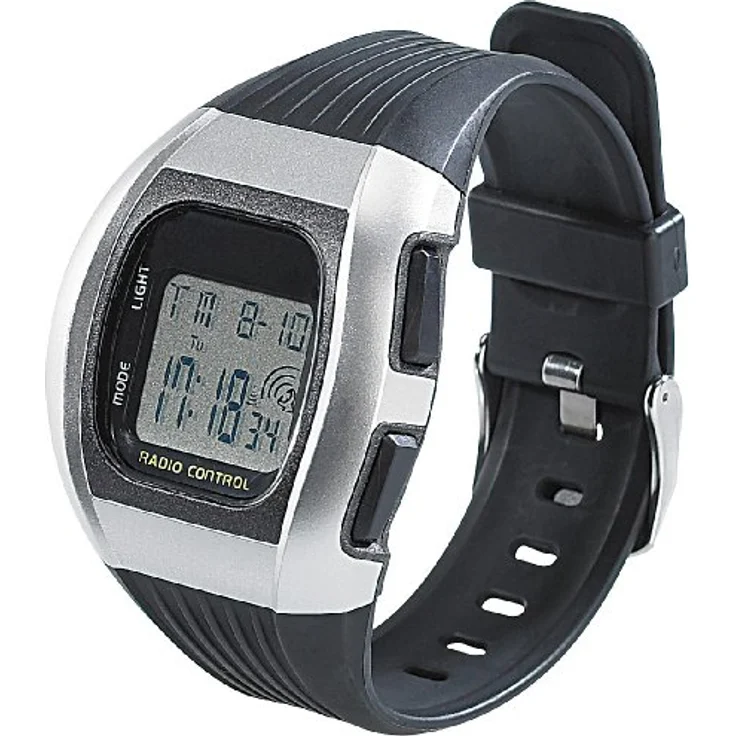PEARL SW-640 dcf Funkarmbanduhr, Digitale Unisex-Sport-Funkuhr mit LCD-Display, schwarz/silber, chronographisch, spritzwassergeschützt, viele Extra-Features – Bild 2