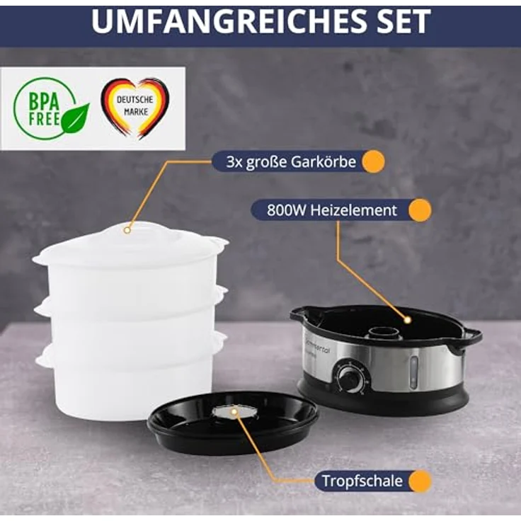 Sommertal STEAMY 800, elektrischer Dampfgarer mit 16L XXL Dampftopf, 800W, 3 Dampfgar-Ebenen, 1200ml Wasserbehälter, BPA-frei, 60 Min Timer + Abschaltautomatik, spülmaschinenfest – Bild 4
