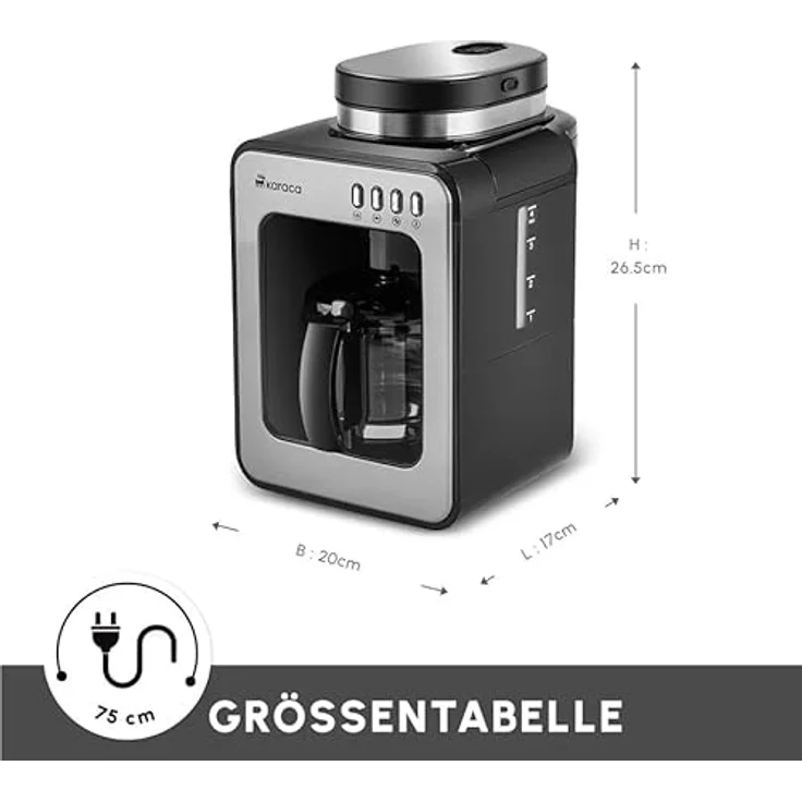 Karaca Espressomaschine Grindmaestro Filter-Kaffeemaschine mit Eingebauter Kaffeemühle, Inox, 0,56L Volumen, 600W, Anti-Tropf-System, One-Touch-Steuerung, Warmhaltefunktion – Bild 2