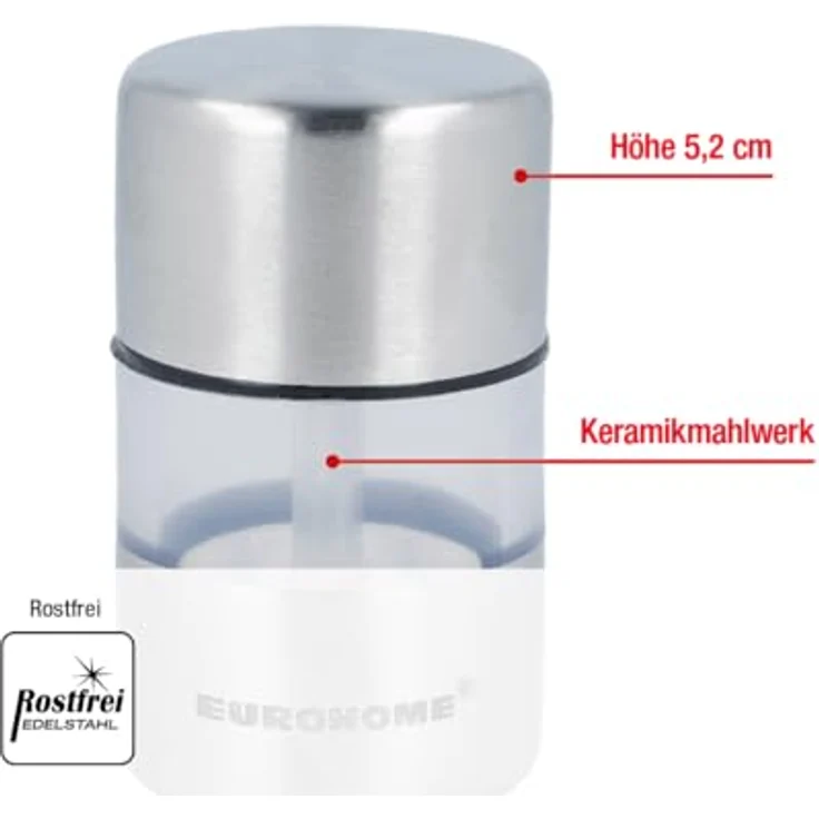 EUROHOME Gewürzmühle aus Edelstahl - Salz und Pfeffermühle mit Keramikmahlwerk - Mini Salz- und Pfefferstreuer 5,2 cm mit praktischem Blickfenster - Salzmühle als unverzichtbarer Küchenhelfer – Bild 3