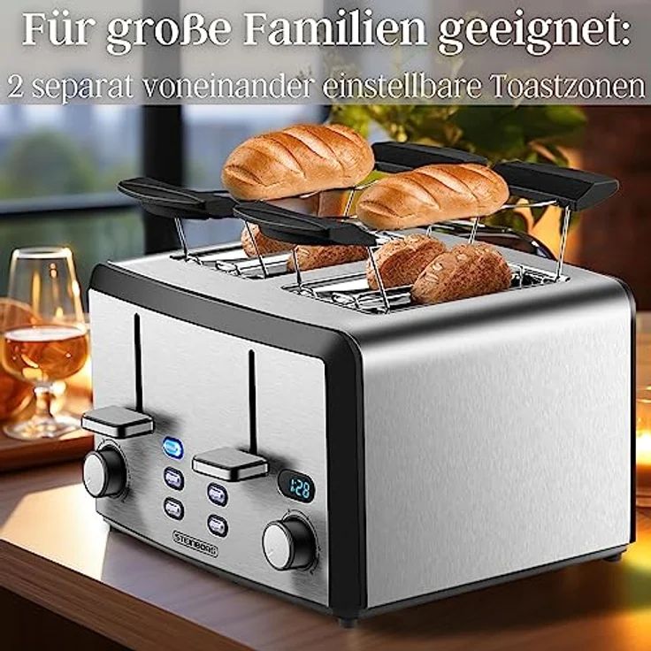 XXL Toaster 4 Toastschlitze | Toastautomat | XXL Toaster | 1600 Watt | 6-Stufen Bräuneregler | 2x Brötchenaufsatz | Auftau-Funktion | 2x Krümelschubladen | Edelstahl | 4-Fach Toaster | LED Displays – Bild 2