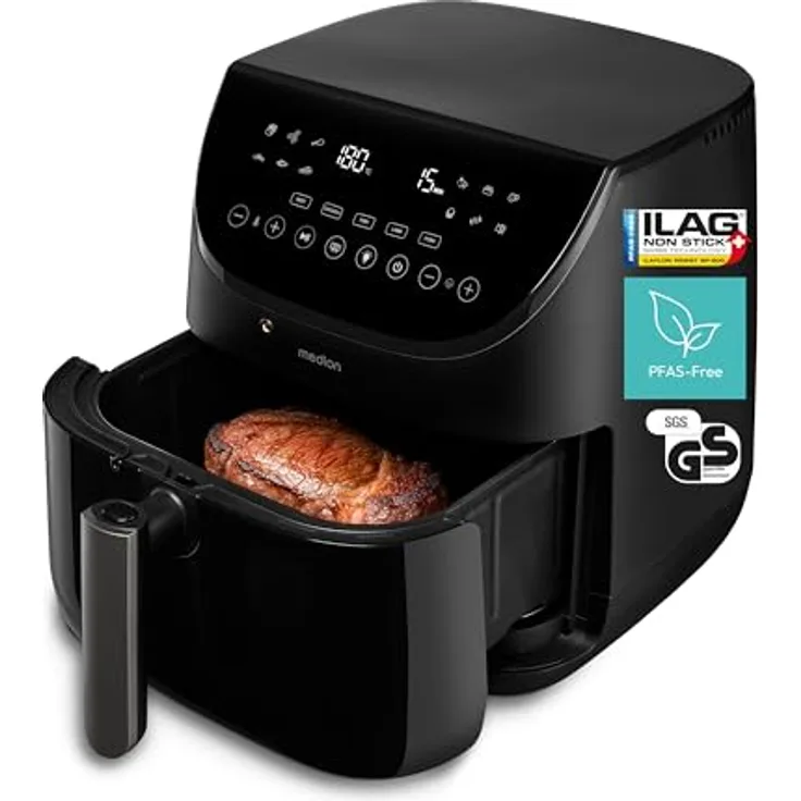 MEDION X20 XL Heißluftfritteuse, 6,6 Liter, 1.700 Watt, 5 Fleischprogramme mit Temperaturfühler, ILAG PFAS-frei, 10 Programme