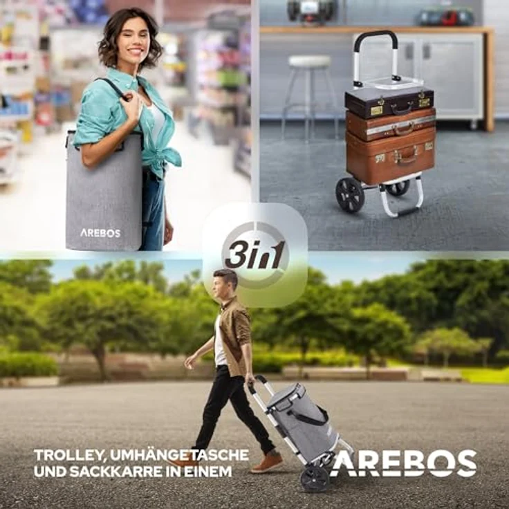 Arebos 3in1 Einkaufstrolley | Trolley groß 56 Liter mit Kühlfach | Einkaufswagen klappbar und leicht | Handwagen Grau – Bild 3