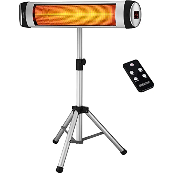 Monzana Infrarot Heizstrahler MZH2500 Stativ 110-175cm 2500W 3 Stufen 24h Timer Fernbedienung Wärmestrahler Standheizer Teleskopständer Silber