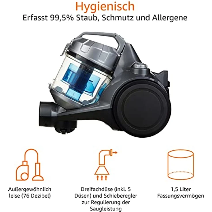 Amazon Basics Zylinder-Staubsauger, leistungsstark, kompakt und leicht, ohne Beutel, HEPA-Filter, 700 W, 1,5 l, Schwarz/Blau – Bild 4