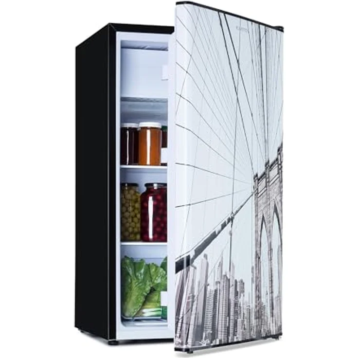 Klarstein CoolArt Kühl-Gefrier-Kombination - Kühlschrank mit 2 Kühl-Ebenen, Design-Front, Thermostat mit 5 Stufen, 0 bis 10 °C, Fassungsvermögen: 79 Liter, Motiv: Großstadt – Bild 1