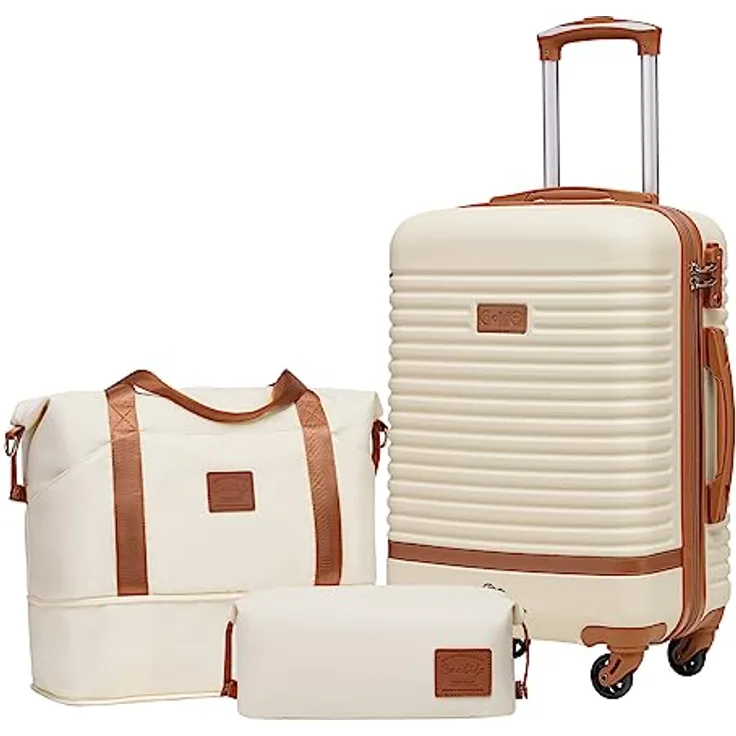 COOLIFE Koffer Set 3-TLG: Handgepäck, mittlerer Koffer & Reisetasche | ABS Hartschale, 360° Rollen, TSA-Schlösser, weiß/braun