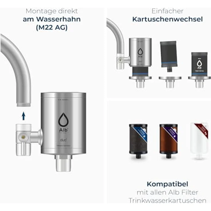 AlbFilter® Duo Active, Trinkwasserfilter für Wasserhahn mit Edelstahl-Gehäuse, reduziert Schadstoffe und verbessert Geschmack – Bild 6