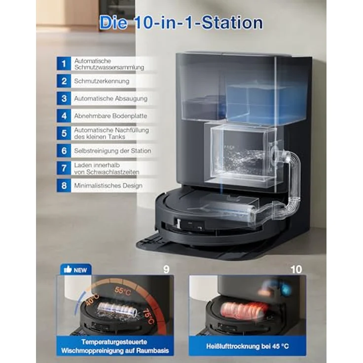 ECOVACS DEEBOT T80 Omni Saugroboter mit Wischfunktion, 18.000 Pa, OZMO Roller Wischwalze mit kontinuierlicher Frischwasser-Selbstreinigung, ZeroTangle 3.0,Moppwäsche mit 40-75℃ heißem Wasser, Schwarz – Bild 5