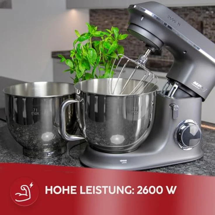 MPM Planetarische Küchenmaschine MPM-2600, 2600W mit zwei 7L Edelstahl-Rührschüsseln, umfangreichem Zubehör, anthrazit – Bild 3