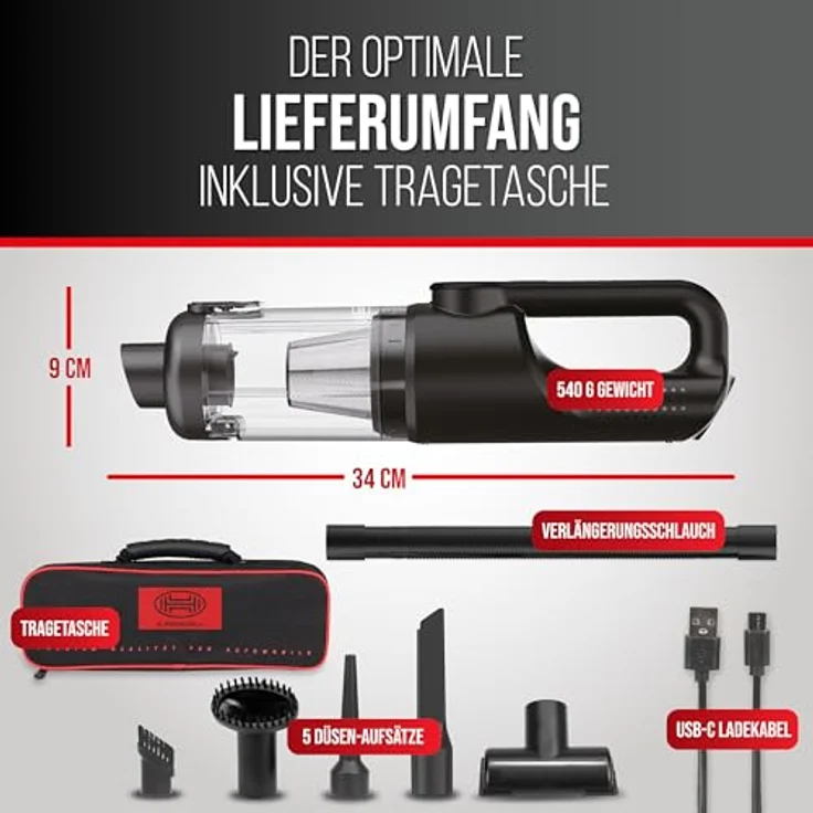 HEYNER VacuBooster Pro, Handstaubsauger mit 120W und 16.000 Pa, bürstenlos, beutellos, inkl. HEPA-Filter, in Schwarz – Bild 3