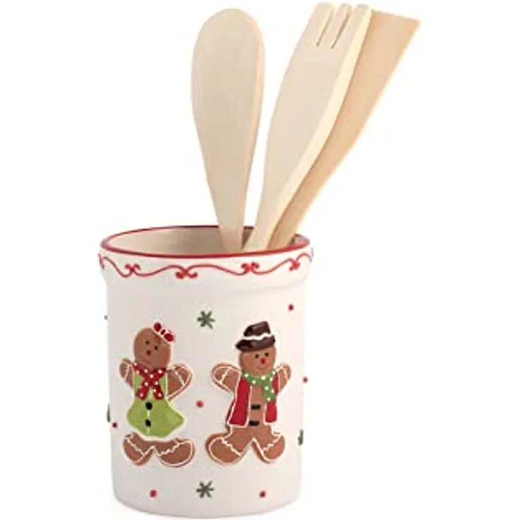 Porta mestoli gingerbread in ceramica con 3 mestoli in legno