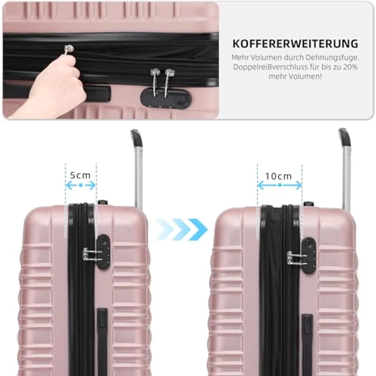 BEIBYE Hartschalen Koffer Trolley Kofferset, 3-teilig in Rosagold, mit 360° Zwillingsrollen, erweiterbar, integriertes Zahlen-Schloss – Bild 4
