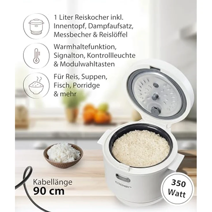 Cloer 6831 Reiskocher, 1 l, inkl. Dampfaufsatz, 7-Phasen-Technologie, Warmhaltefunktion bis 24 h, spülmaschinengeeigneter Innentopf, 350 W – Bild 2