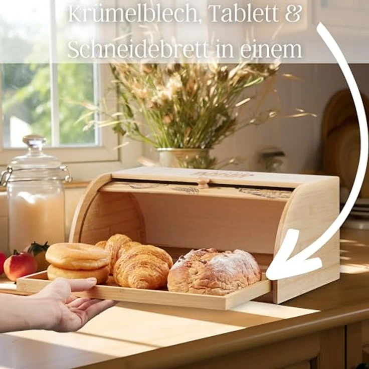 ecosa Brotbox aus nachhaltigem Bambus mit Rolldeckel - Umweltfreundlich, langlebig, mit herausnehmbarer Krümelschublade - ecosa - Brotkasten Vorratsdose für Brot (Braun) – Bild 4