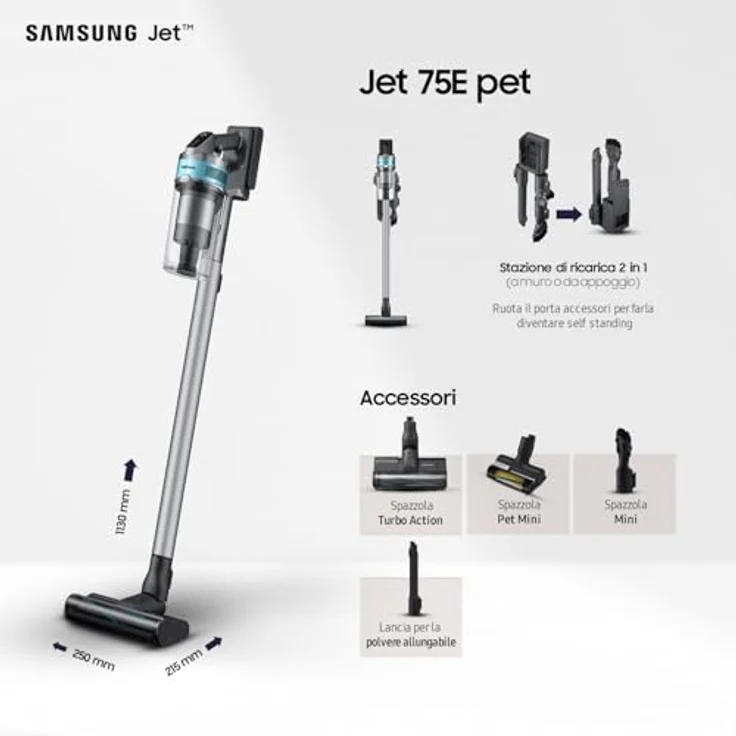 SAMSUNG Jet 75E pet VS20B75AGR1/WA, Elektrischer Besen, Silber, mit 200 W Leistung und bis zu 60 Minuten Laufzeit – Bild 2