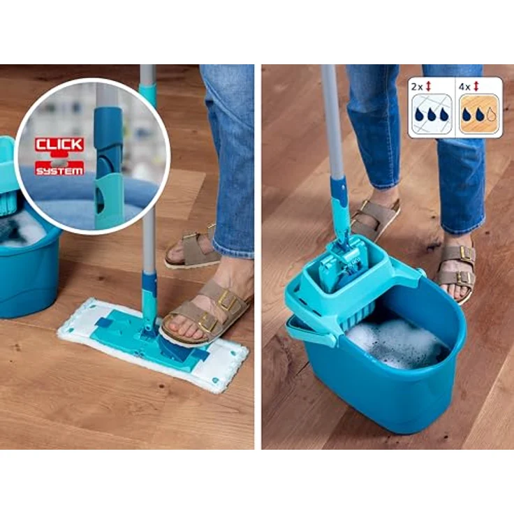 Leifheit Set POWER CLEAN M, rückenschonender Bodenwischer mit Reinigungsklingen und Wischtuchpresse, Wischmopp Set mit Eimer und 2x Mikrofaser Wischbezüge für alle Hartböden, Click-System – Bild 5