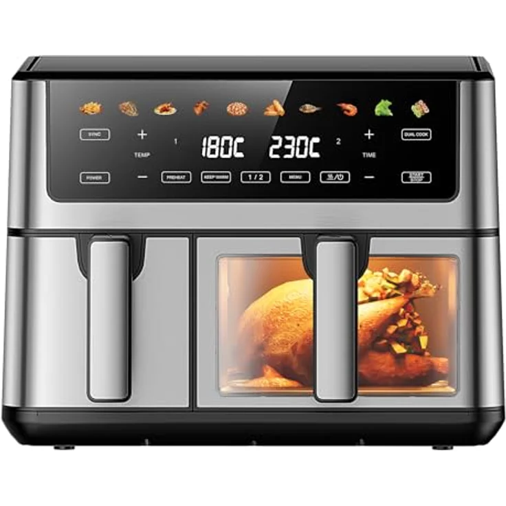 Extralink 2500W Airfryer 10L (6.5L + 3.5L), Heißluftfritteuse Doppelkammer mit 8 Kochfunktionen, LED-Touchscreen, 80°C bis 200°C, 90% weniger Fett – Bild 2