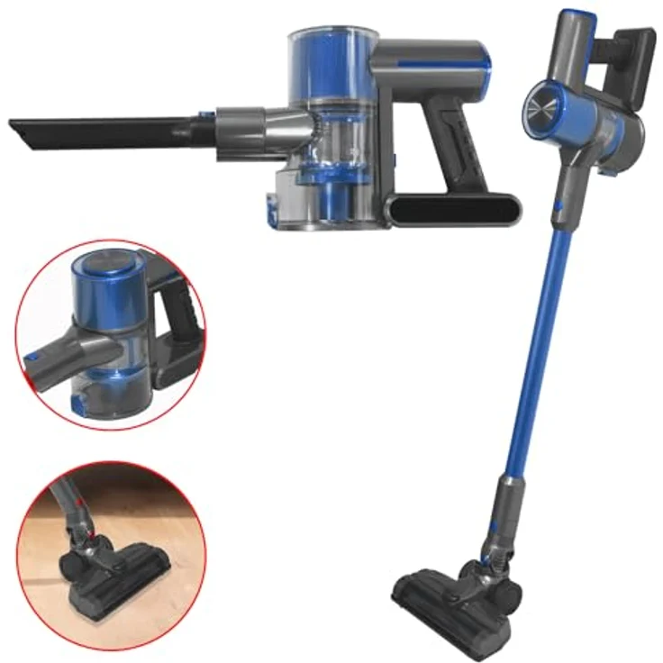 DMS 2in1 Zyklon Akku Staubsauger kabelloser Handstaubsauger, Elektrobürste, Lithium-Ionen Akku, Ladestation, Betriebszeit 35 Min (Blau-Grau) – Bild 3