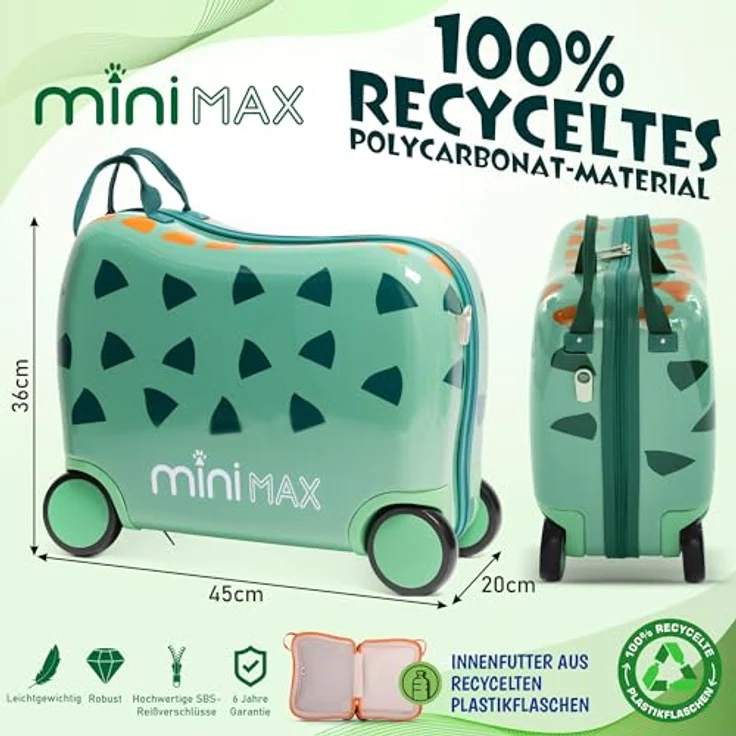 Aerolite Minimax Kinderkoffer Hartschale Trolley, Handgepäck 45x36x20cm, 29L, Dino-Design, 4 Rollen, geeignet für Easyjet – Bild 3