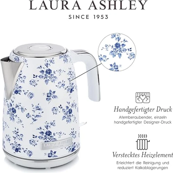 VQ Laura Ashley China Rose Kabelloser Edelstahl-Wasserkocher, 1.7 Liter, 2.2 kW Schnellkochtechnologie mit Überhitzungsschutz und externem Thermometer – Bild 4