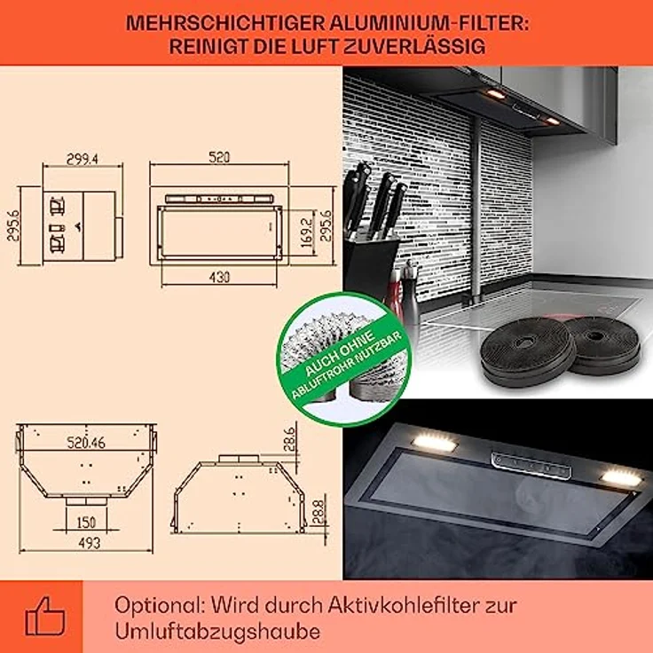 Klarstein Dunstabzugshaube 52cm, Abluft-Dunstabzugshaube mit Spülmaschinenfestem Aluminium Filter, Leise Abzugshaube für Abluft, 396 m³/h Luftstrom, Wandhauben mit LEDs, Dunstabzug zur Wandmontage – Bild 5