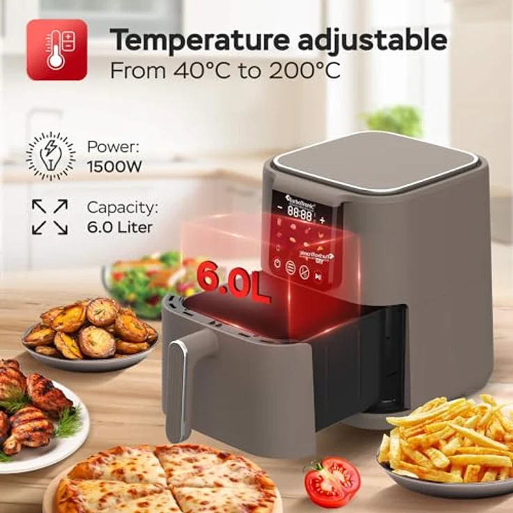 TurboTronic Heißluftfritteuse XL 6Liter 0,6kg Pommes mit Silikoneinlage 12 Programme digital Touch-Steuerung 1500W Power Airfryer 40-200°C Luftfritteuse Air Friteuse ohne Fett/Öl Grill, Silber – Bild 3