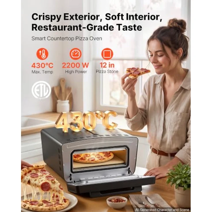 VEVOR Elektrischer Pizzaofen für Ø 30,5 cm (12 Zoll), 2200 W, 430 °C, Kaltgewalztes Stahl-Gehäuse, mit Pizzastein und separater Temperatur- und Zeitregelung – Bild 2