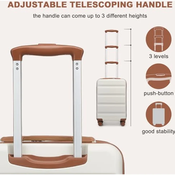 KONO Koffer Trolley Handgepäck Kabinenkoffer, leichte Hartschale mit TSA-Schloss, 360° Doppelspinnrädern, Cremeweiß, 55x35x22cm – Bild 4