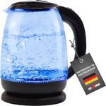 Grafner Design Glas Wasserkocher 1,8 Liter, 1800 Watt, mit blauer LED Beleuchtung, Trockenlaufschutz, BPA-frei, 360° Basis, Edelstahl Heizelement, Cool-Touch Griff, Überhitzungsschutz, schwarz