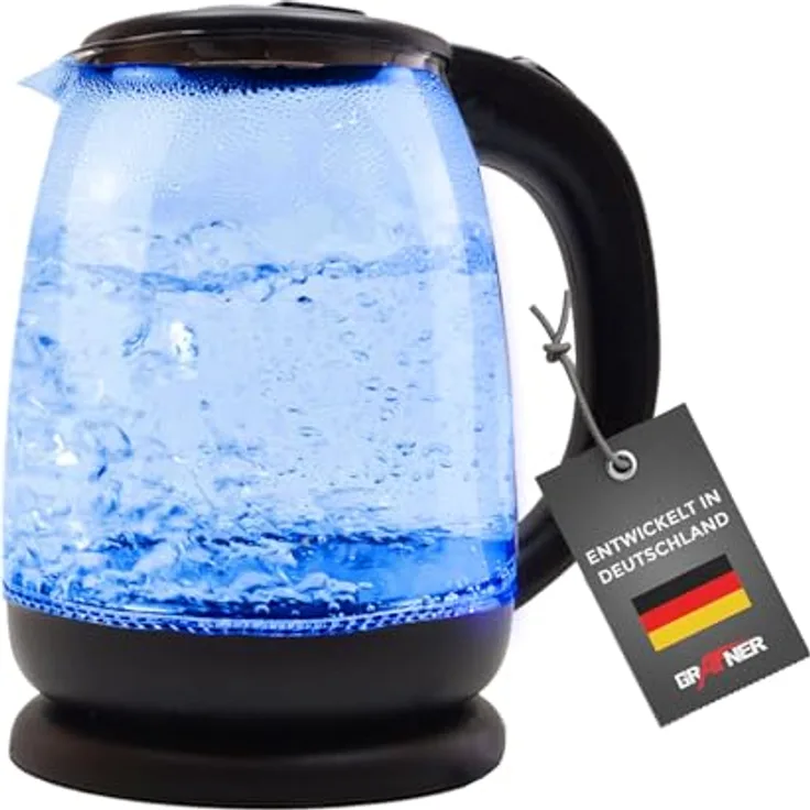 Grafner Design Glas Wasserkocher 1,8 Liter, 1800 Watt, mit blauer LED Beleuchtung, Trockenlaufschutz, BPA-frei, 360° Basis, Edelstahl Heizelement, Cool-Touch Griff, Überhitzungsschutz, schwarz