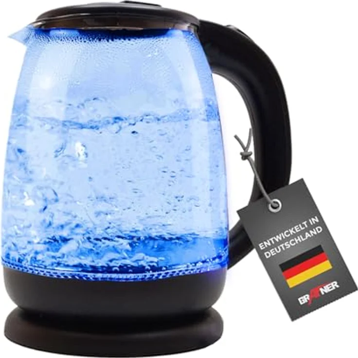 Grafner Design Glas Wasserkocher 1,8 Liter, 1800 Watt, mit blauer LED Beleuchtung, Trockenlaufschutz, BPA-frei, 360° Basis, Edelstahl Heizelement, Cool-Touch Griff, Überhitzungsschutz, schwarz – Bild 1