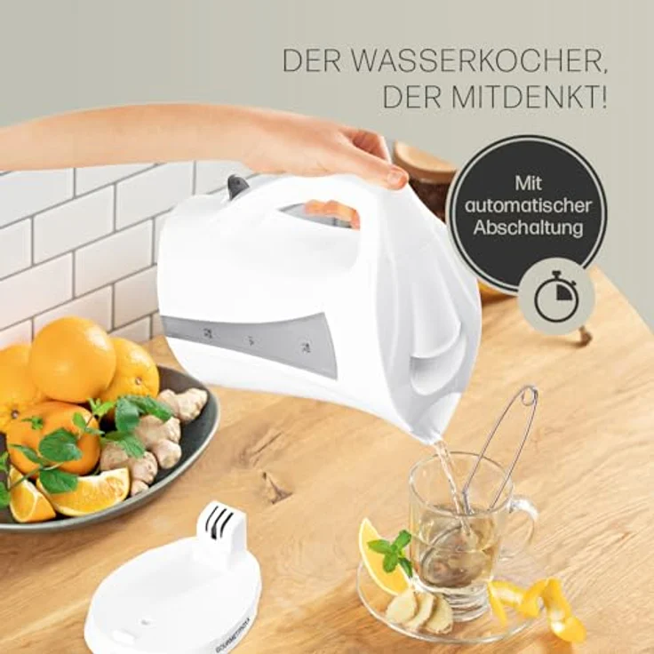 GOURMETmaxx Wasserkocher 1,7 l | Schlichtes Design, kabellose Flexibilität & automatische Abschaltung | Wasserstandsanzeige | Leicht zu reinigender Kalkfilter | Perfekt für Tee [Weiß-Grau] – Bild 3
