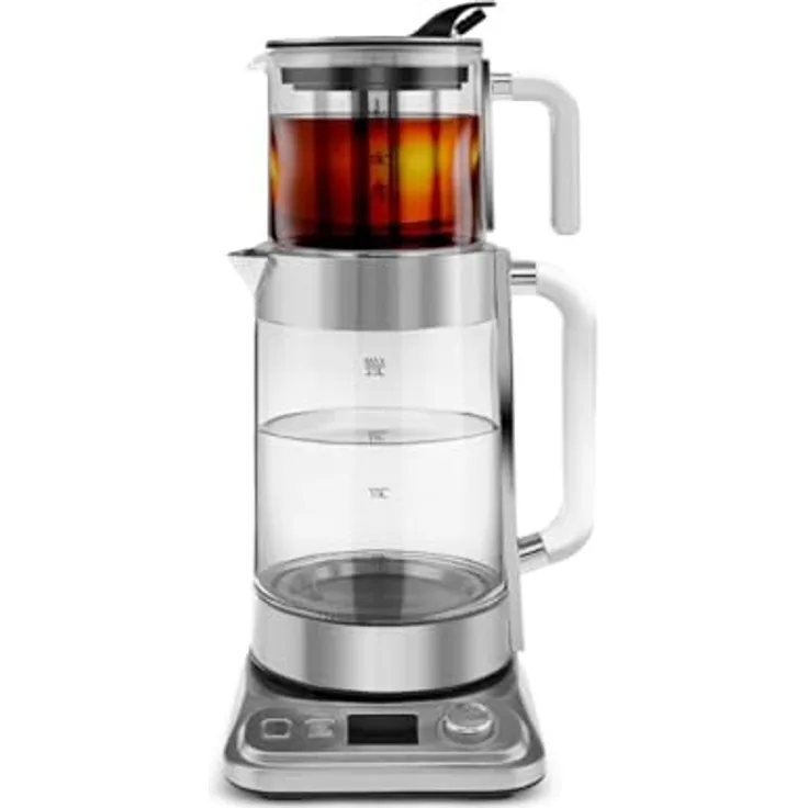Karaca X Refika XL, Automatischer Teekocher & Caydanlik mit 2L Wasserkocher und 0,8L Glasteekanne, Multi-Temperatursteuerung, Eco-Modus, Chrom