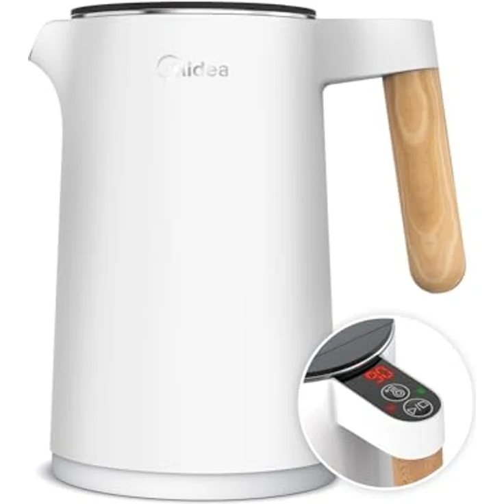 Midea Edelstahl Wasserkocher M1, Teekocher mit Temperatureinstellung 45℃-100℃, 1,5L, 2200W, mit Temperaturanzeige, Sicherheitsfunktionen und Doppelwand-Design, weiß – Bild 1