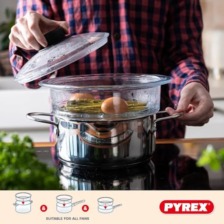 Pyrex Doppelter Dampfkorb 20 cm mit Deckel aus Borosilikatglas, geeignet zum Dampfgaren, 2 Dampfkörbe – Bild 3