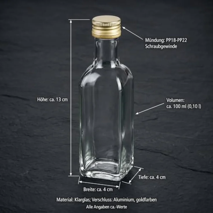 gouveo Trinkflasche Glasflaschen 100 ml Maraska mit Schraub-Deckel - Kleine Flasche 0,1l, 24er Set, transparent-goldfarben – Bild 6
