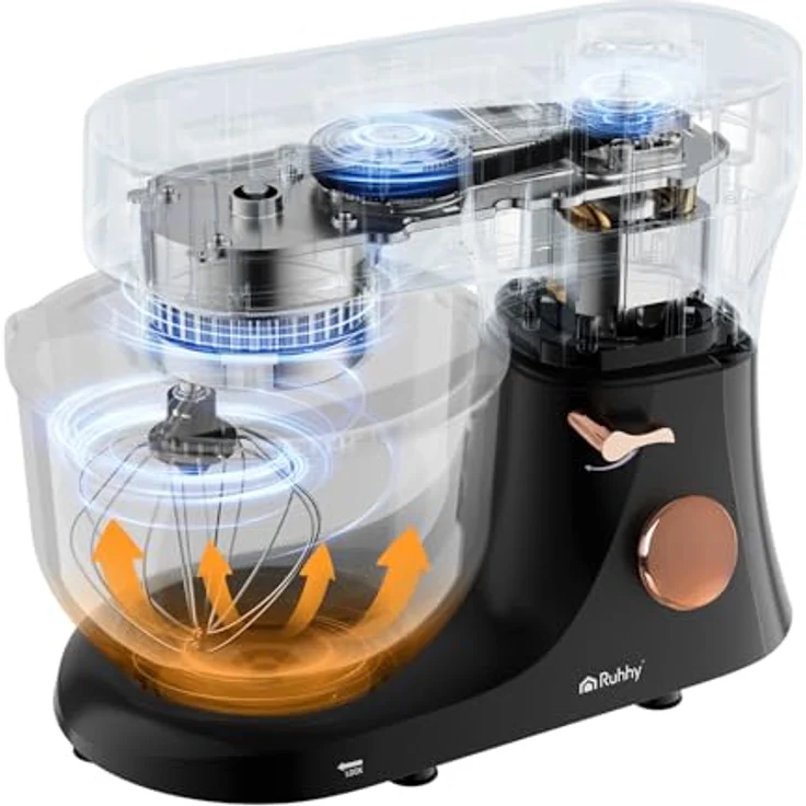 RUHHY Küchenmaschine mit beheizbarer Rührschüssel 6,2L, Planetenrührgerät 2000W, 11 Geschwindigkeiten & Touchdisplay, Teigknetmaschine für Brot, Pizza, Kuchen & Gebäck (Schwarz und Gold) – Bild 5