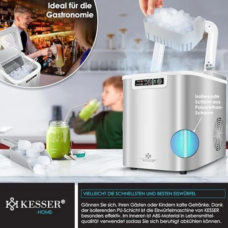 KESSER® Eiswürfelbereiter | Eiswürfelmaschine Edelstahl | Ice Maker | 12 kg 24 h | Zubereitung in 7 min | 2,2 Liter Wassertank | 2 Eiswürfel-Größen | LED-Display | Selbstreinigungsfunktion | Silber – Bild 4