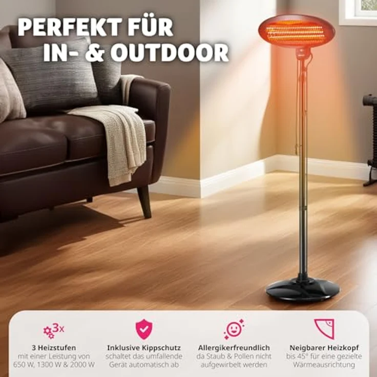 tectake Infrarotstrahler Solaris Monolith, Höhenverstellbarer Infrarotheizstrahler mit zielgerichteter Wärmeverteilung, 2000 Watt, in Schwarz – Bild 3