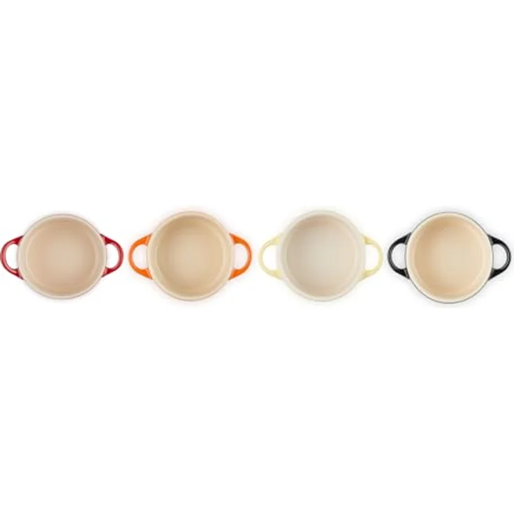 Le Creuset Mini-Cocotte- Bräter-Set, 4-teilig, Rund, Je 200 ml, 10 x 5 cm, Steinzeug, Feuer und Flamme (Gelb-Kirschrot-Ofenrot-Schwarz) – Bild 6