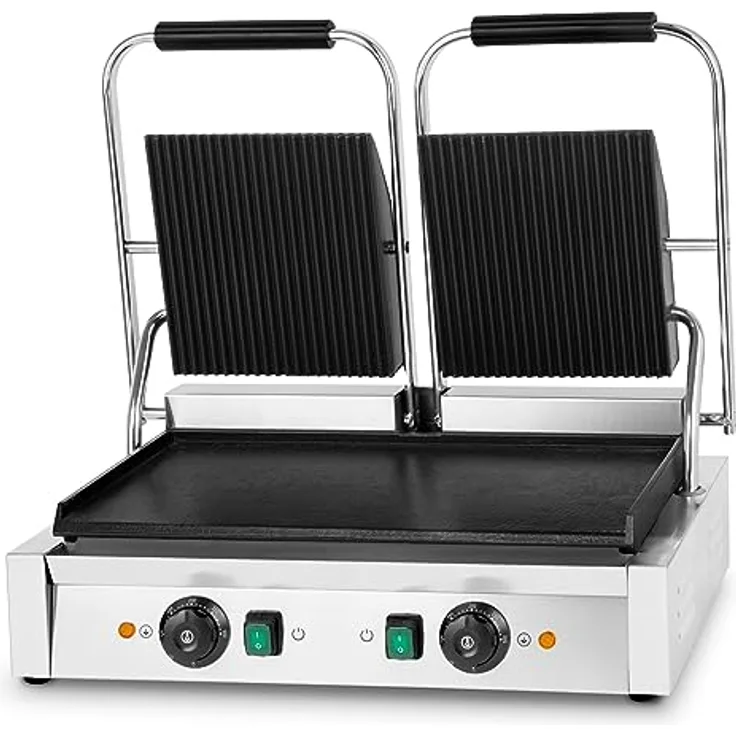 VERTES Kontaktgrill doppelt, Gusseisen Grillplatte oben gerillt/unten flach, 3600 W Gastro Multigrill für Fladenbrot, Fleisch, Gemüse, Sandwich, Edelstahlgehäuse, regelbar 0-300°C, teflonbeschichtet