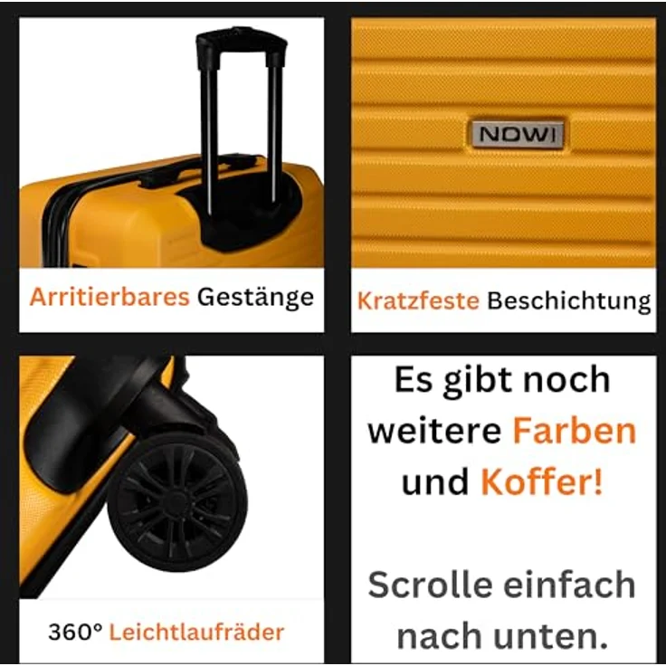 NOWI Handgepäck Koffer M 38L – Hartschalen-Trolley mit Zahlenschloss und 4 Doppelrollen, gelb – Bild 5