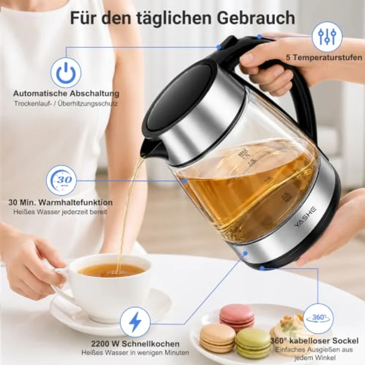 YASHE Wasserkocher mit Temperatureinstellung, 1,7L, 2200W, Glas, 5-Farben LED-Beleuchtung, kabellos, Warmhaltefunktion – Bild 2